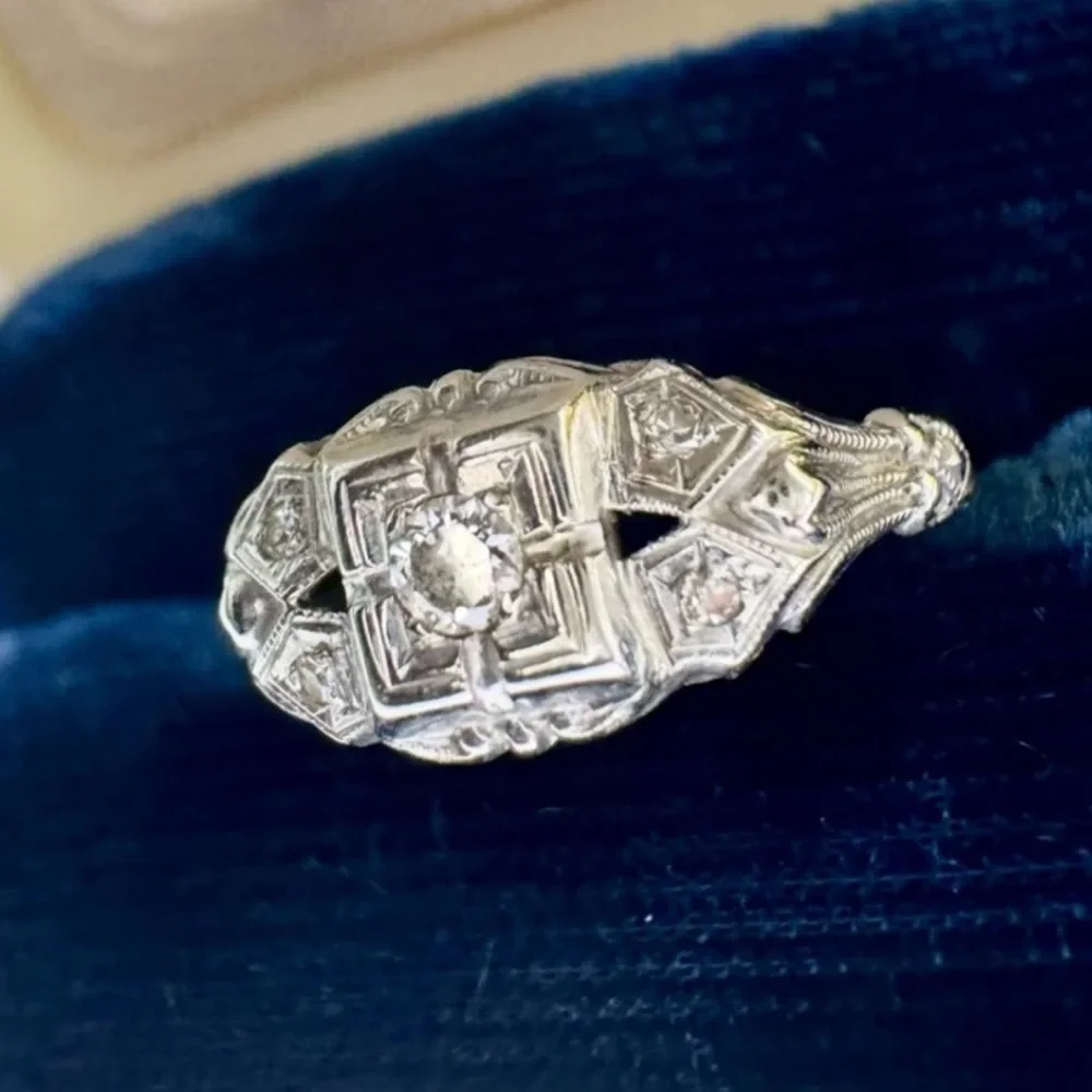 Antique 14K Gold Diamond Engagement Ring & Wedding Band 10K Gold Estate Art Deco - Picture 4 of 14